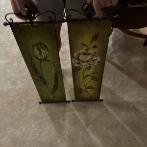 Unbranded Green Hand-Painted Floral Wall Panels - Set of 2